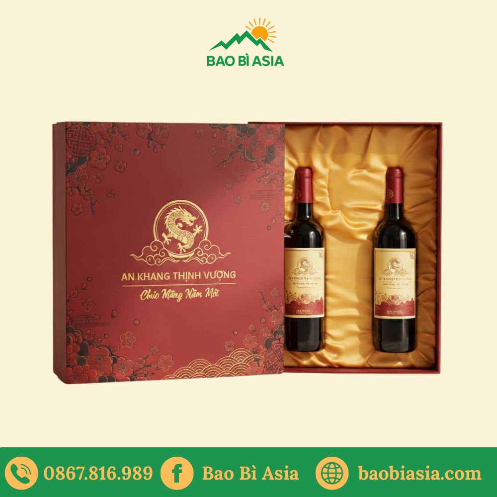 HĐR21 - Hộp cứng đựng set quà tết rượu vang ép kim logo vàng