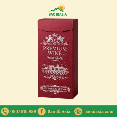 HĐR24 - Hộp giấy mỹ thuật đỏ đô đựng rượu vang ép kim bạc