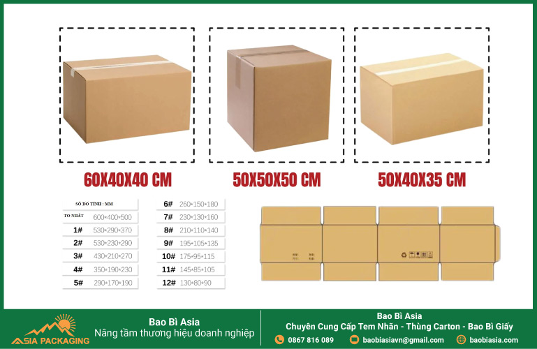  Kích thước cơ bản của thùng carton có sẵn