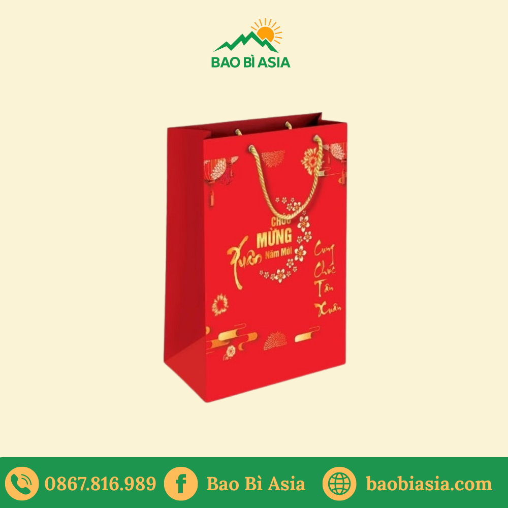 TQ15 Túi giấy Tết đỏ đô ép kim vàng họa tiết hoa mai sang trọng 25 x 10 x 30 cm