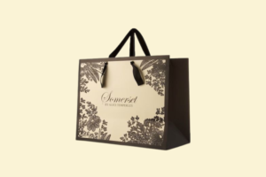 TQ17 Túi giấy dáng ngang phủ nhũ ánh bạc in slogan thương hiệu 30 x 8 x 20 cm