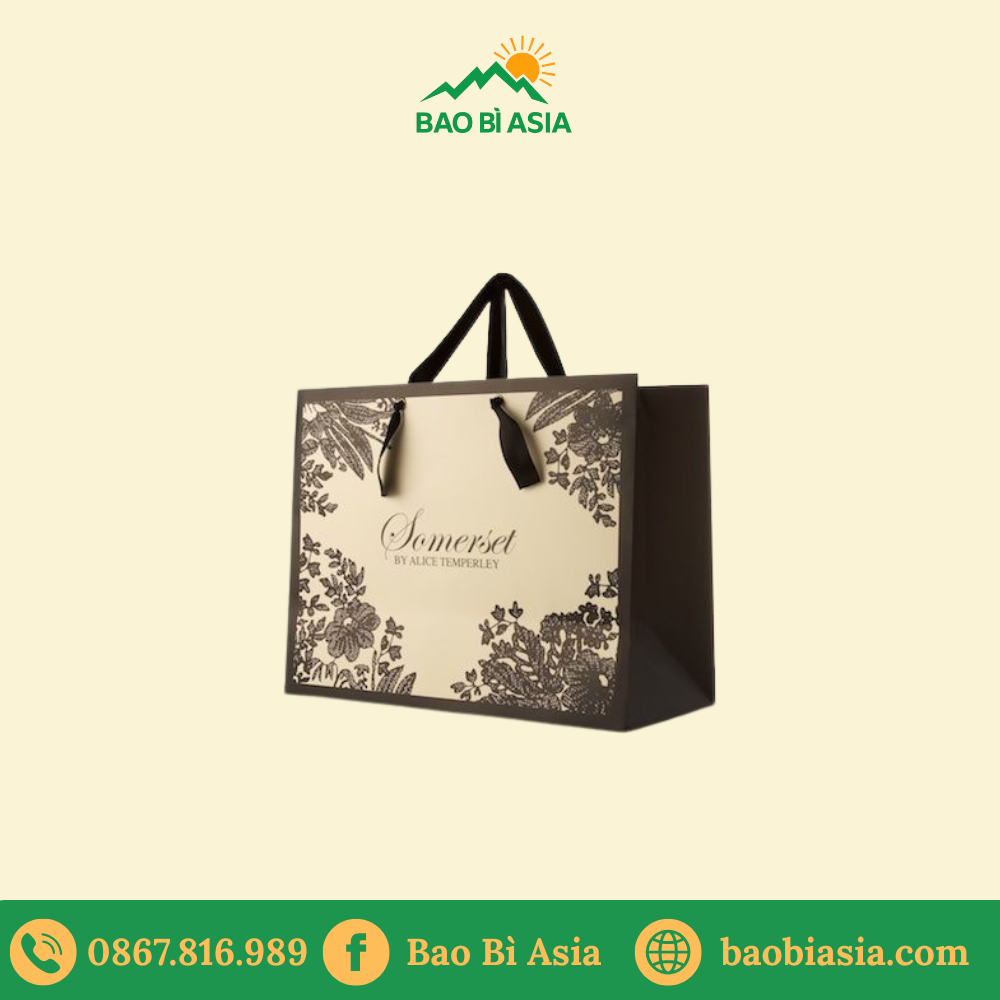 TQ17 Túi giấy dáng ngang phủ nhũ ánh bạc in slogan thương hiệu 30 x 8 x 20 cm