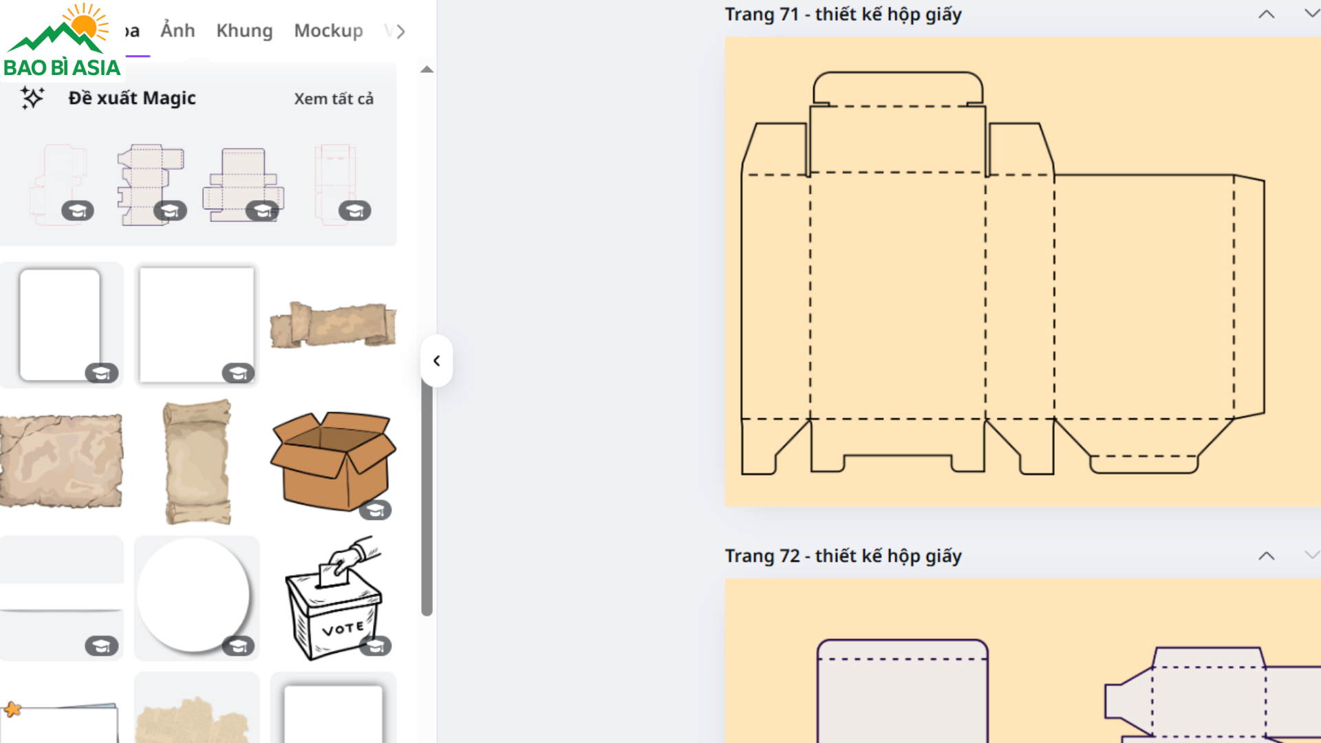 Giao diện thiết kế hộp giấy của phần mềm canva