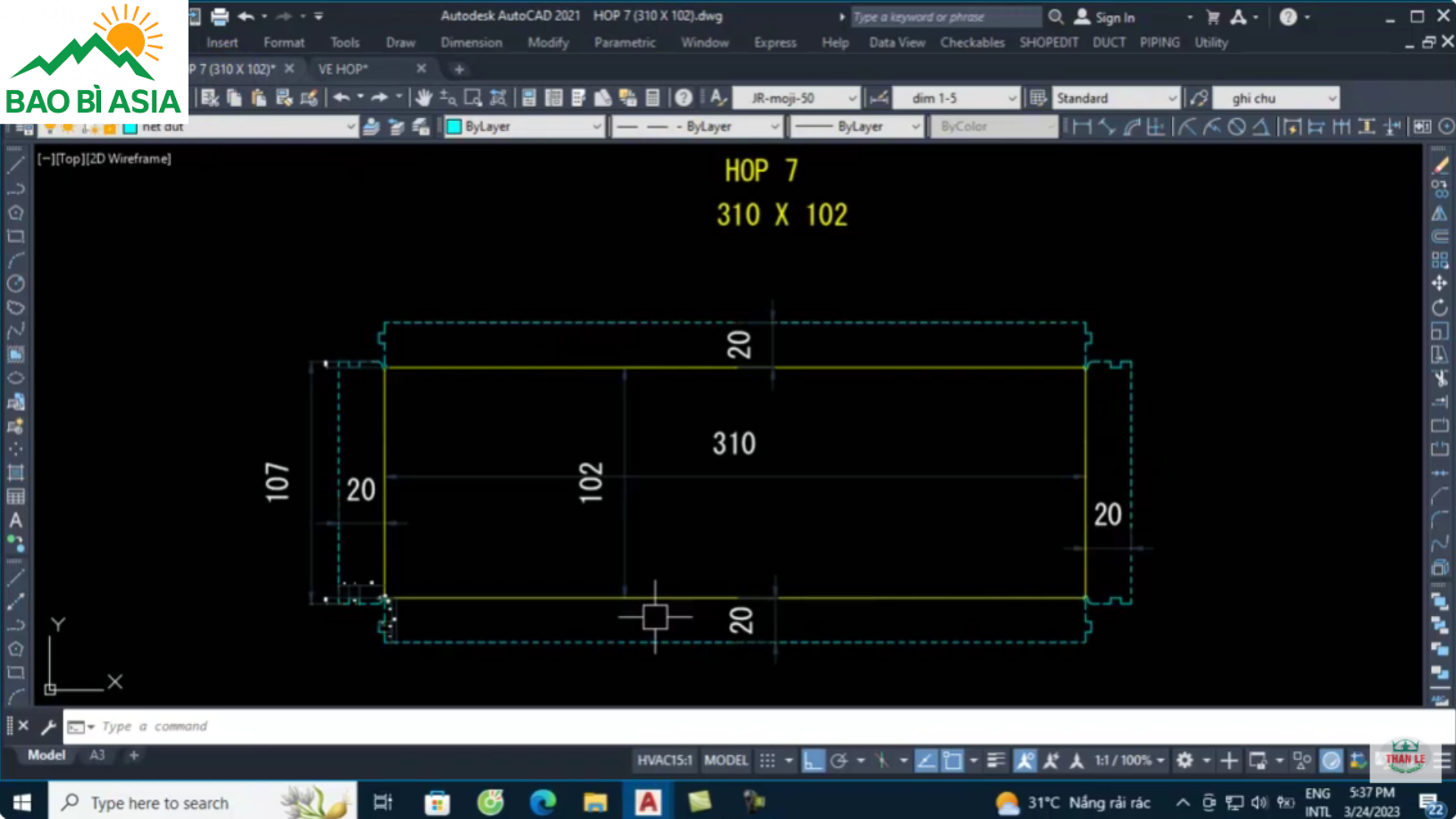Giao diện thiết kế hộp giấy của phần mềm AutoCAD