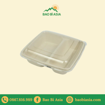 Hộp bã mía 2 ngăn 1000ml (Nắp trong suốt)