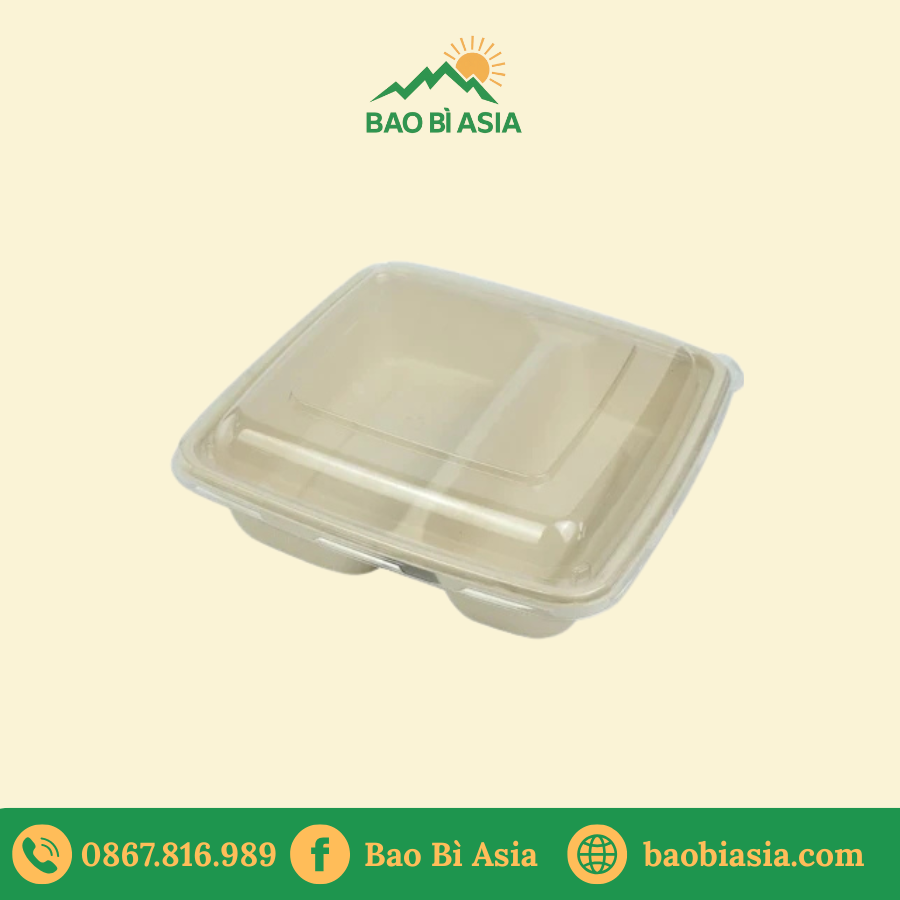 Hộp bã mía 2 ngăn 1000ml (Nắp trong suốt)