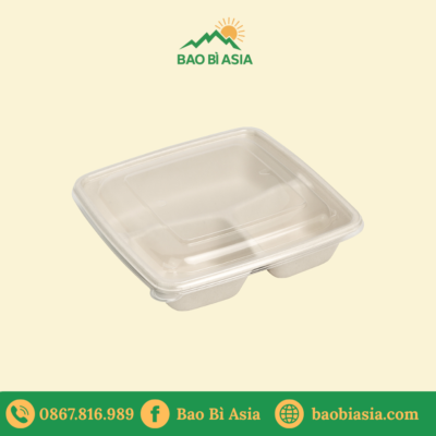 Hộp bã mía 3 ngăn trắng 1000ml kèm nắp PET