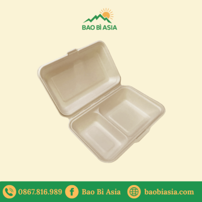Hộp bã mía chữ nhật 2 ngăn 1000ml kèm nắp