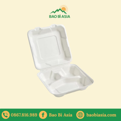 Hộp bã mía chữ nhật 3 ngăn 900ml kèm nắp bã mía
