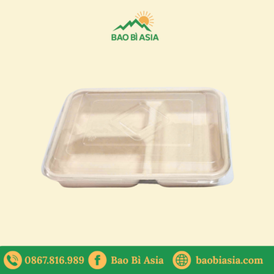 Hộp bã mía chữ nhật 3 ngăn 900ml kèm nắp PET