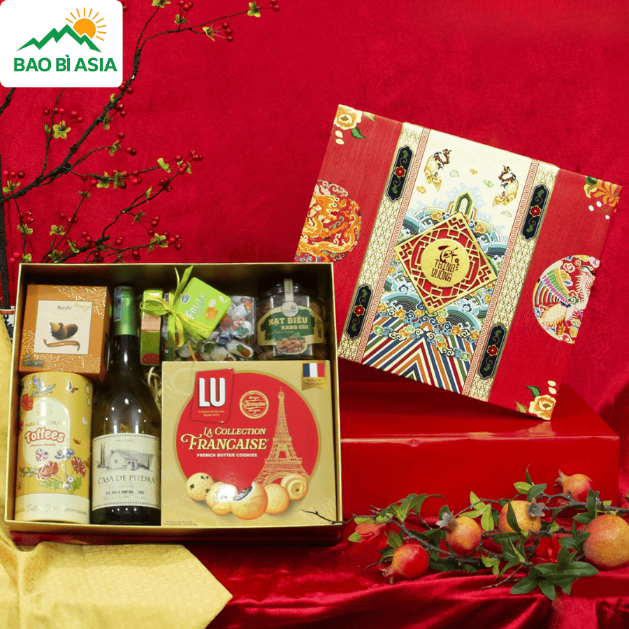 Thiết kế hộp giấy quà Tết hoa văn hiện đại mẫu 2