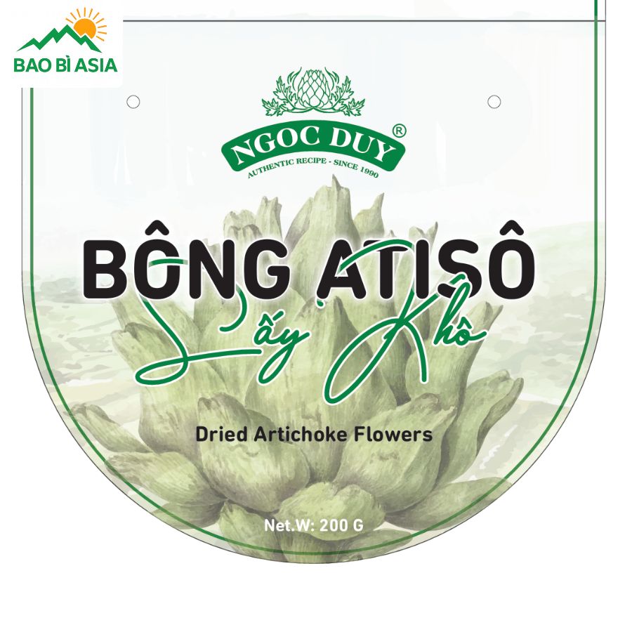 Mẫu in tem nhãn bông Atisô sấy khô Ngọc Duy mang ngôn ngữ thiết kế mộc mạc, hình ảnh minh họa chân thực