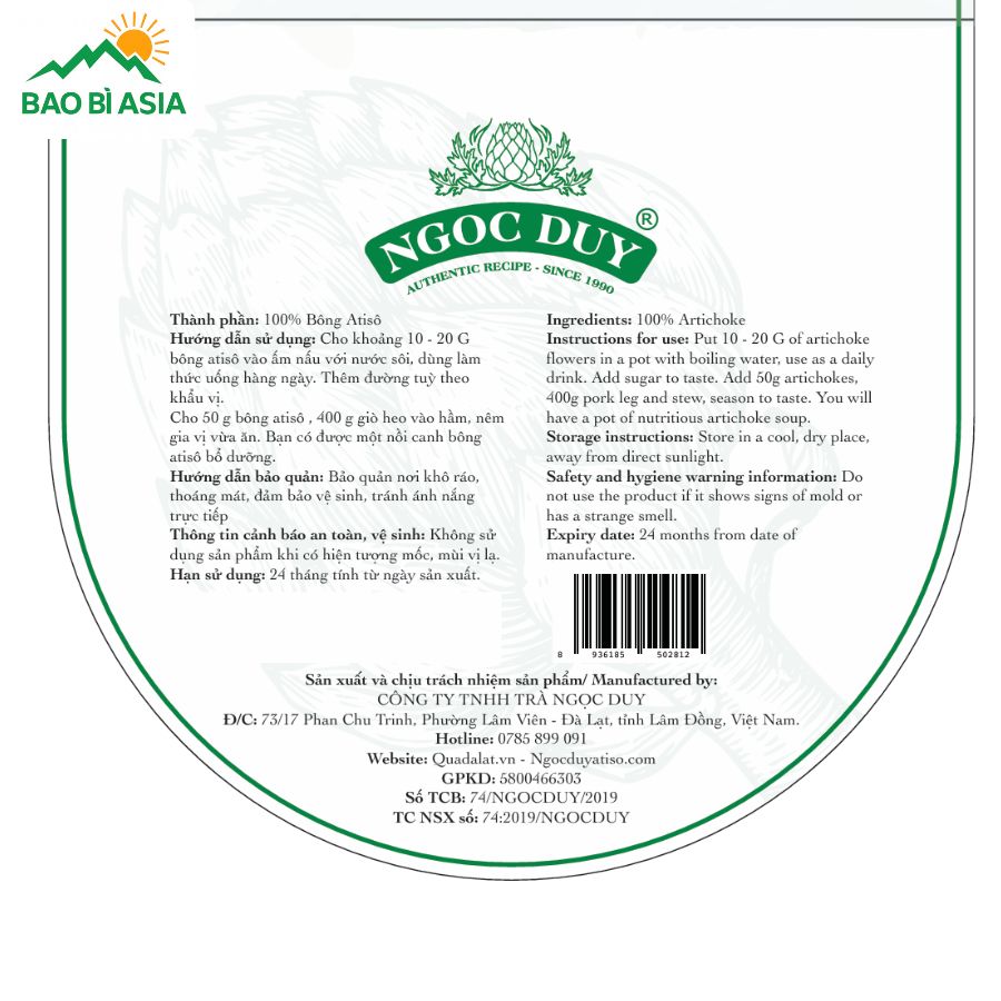 Mẫu in tem nhãn bông Atisô sấy khô Ngọc Duy mang ngôn ngữ thiết kế mộc mạc