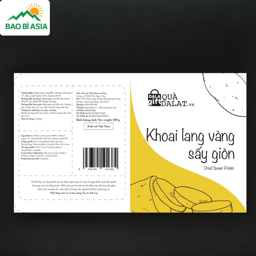Mẫu in tem nhãn khoai lang vàng sấy giòn Dala Gift sở hữu ngôn ngữ thiết kế tối giản, thanh lịch
