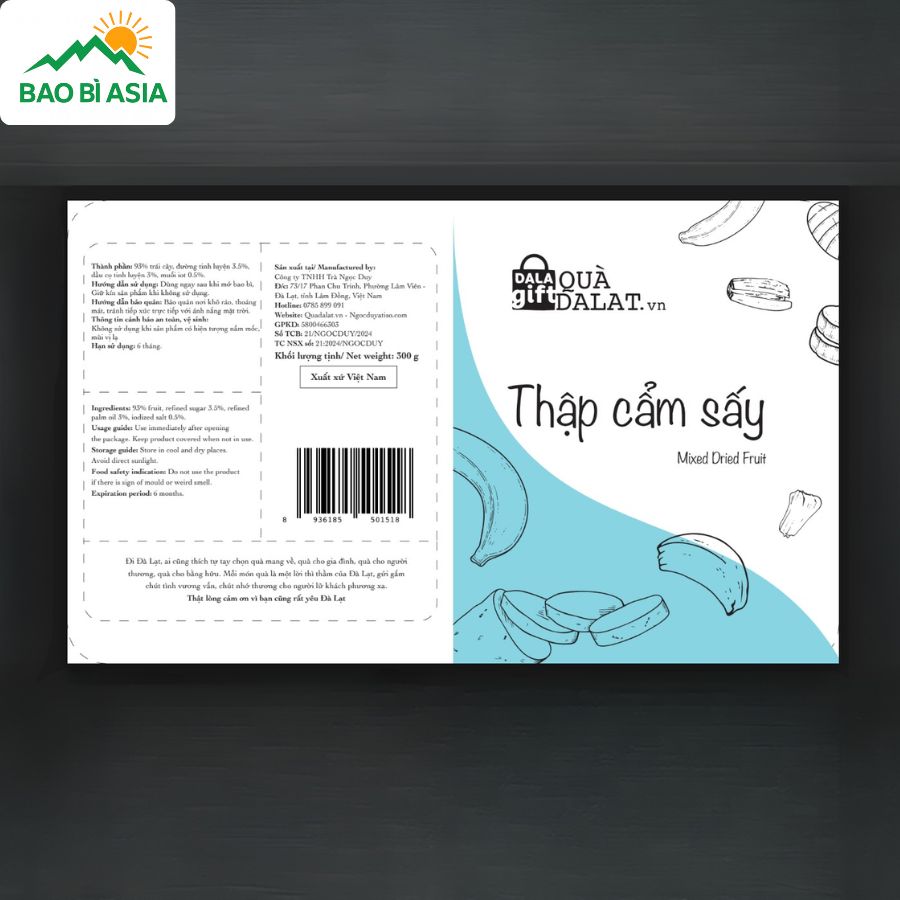 Mẫu in tem nhãn thập cẩm sấy Dala Gift sở hữu phong cách tối giản, bố cục trực quan