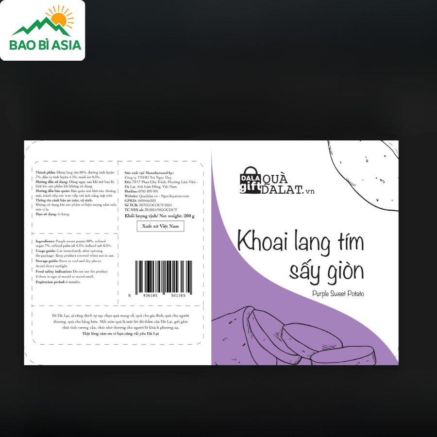 Mẫu in tem nhãn khoai lang tím sấy giòn Dala Gift mang phong cách trang nhã, bố cục tinh tế