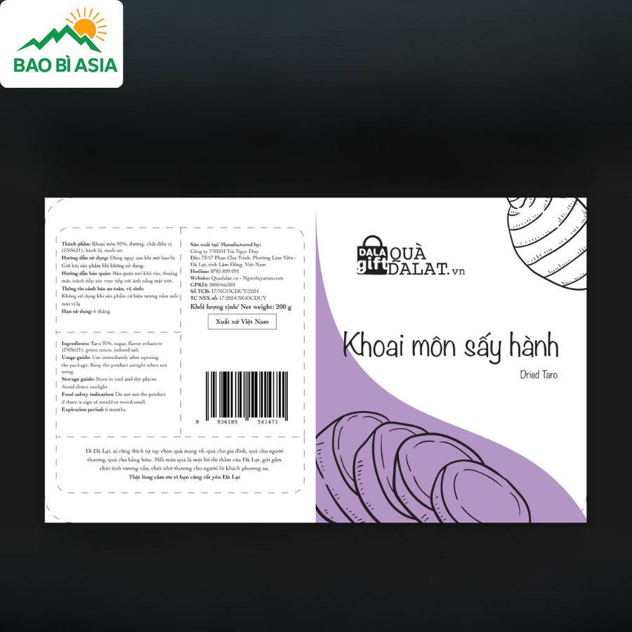 Mẫu in tem nhãn khoai môn sấy hành Dala Gift sở hữu diện mạo thanh nhã, bố cục khoa học