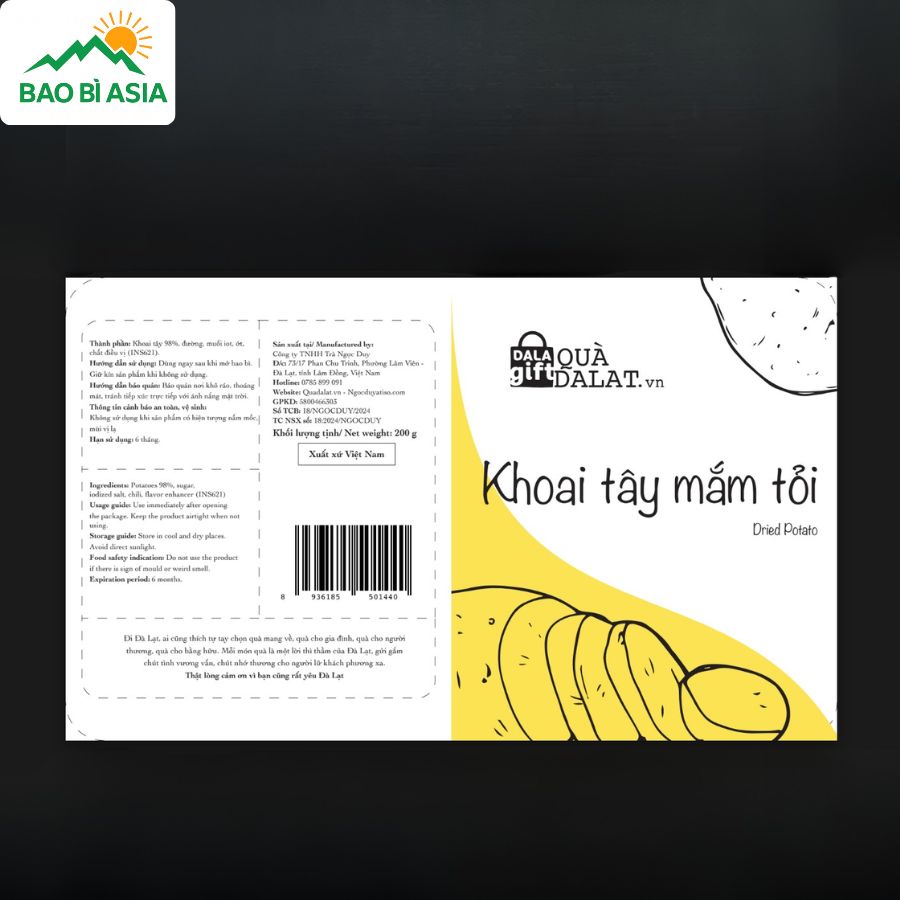 Mẫu in tem nhãn khoai tây mắm tỏi Dala Gift sở hữu diện mạo tối giản, hình ảnh minh họa sống động