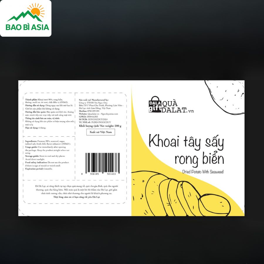 Mẫu in tem nhãn khoai tây sấy rong biển Dala Gift sở hữu diện mạo thanh nhã, bố cục khoa học