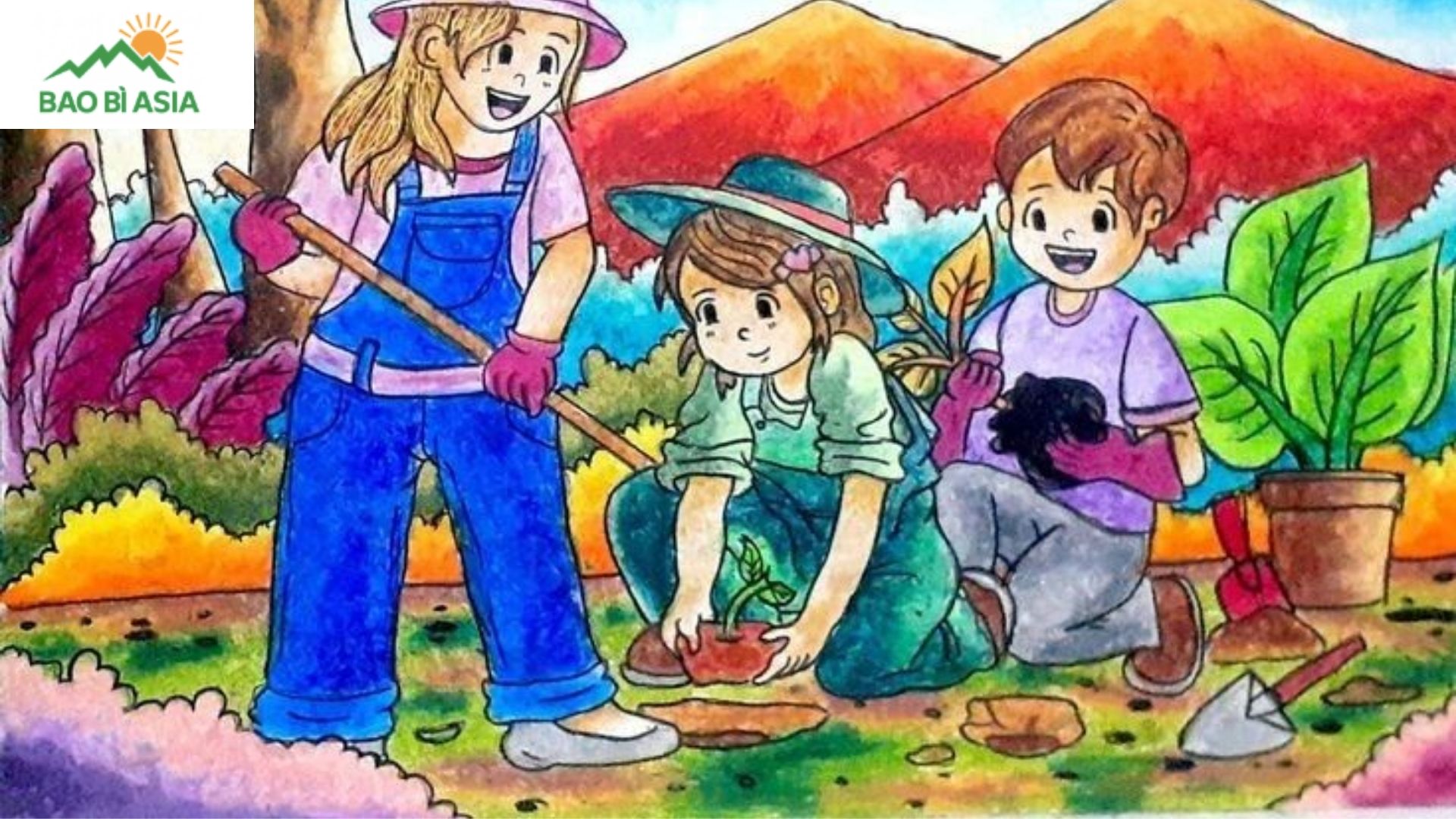 Ý tưởng vẽ tranh trồng cây gây rừng, bảo vệ rừng núi xanh tươi mẫu 2