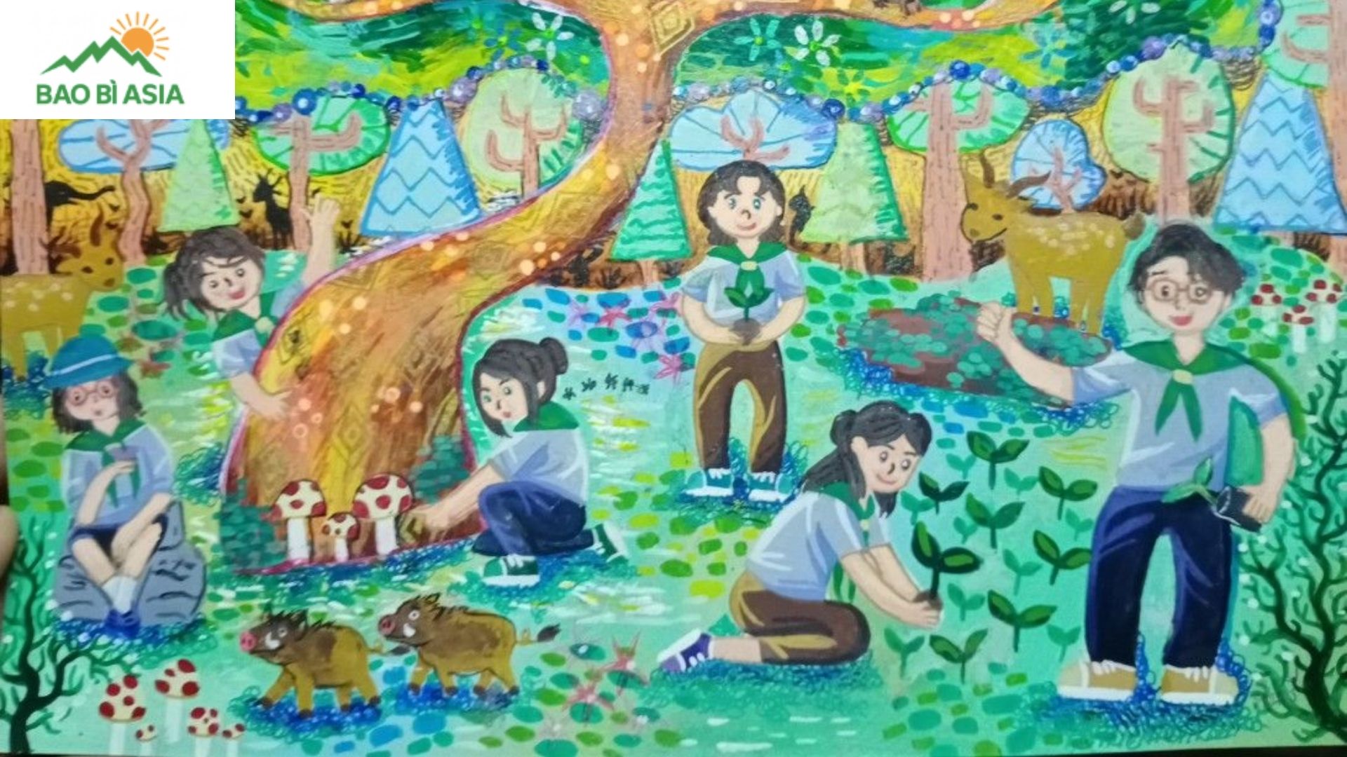 Ý tưởng vẽ tranh trồng cây gây rừng, bảo vệ rừng núi xanh tươi mẫu 3