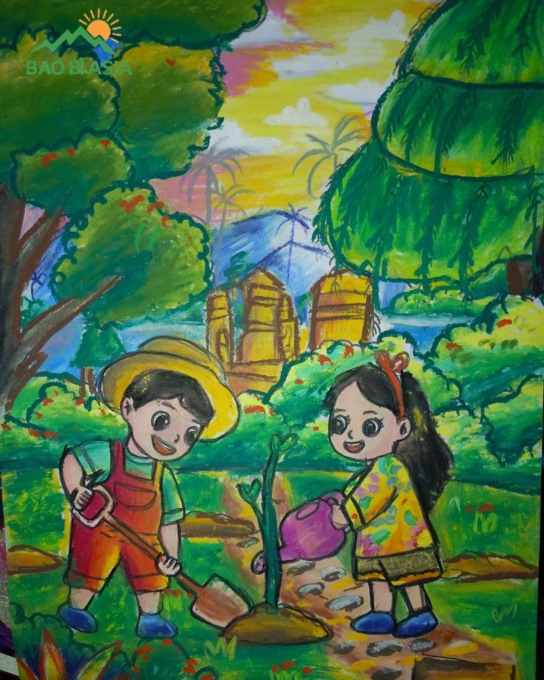 Ý tưởng vẽ tranh trồng cây gây rừng, bảo vệ rừng núi xanh tươi mẫu 4