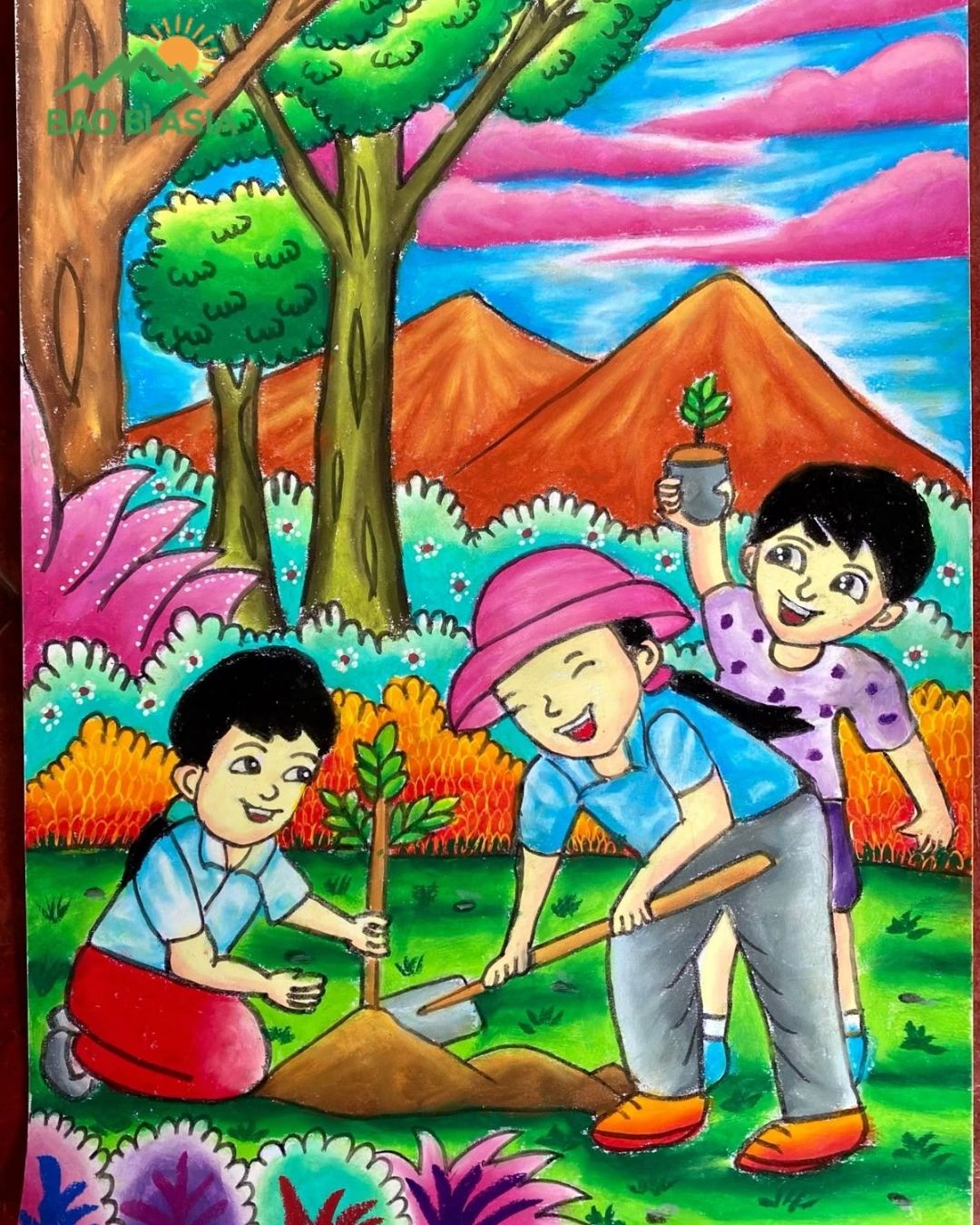 Ý tưởng vẽ tranh trồng cây gây rừng, bảo vệ rừng núi xanh tươi mẫu 6