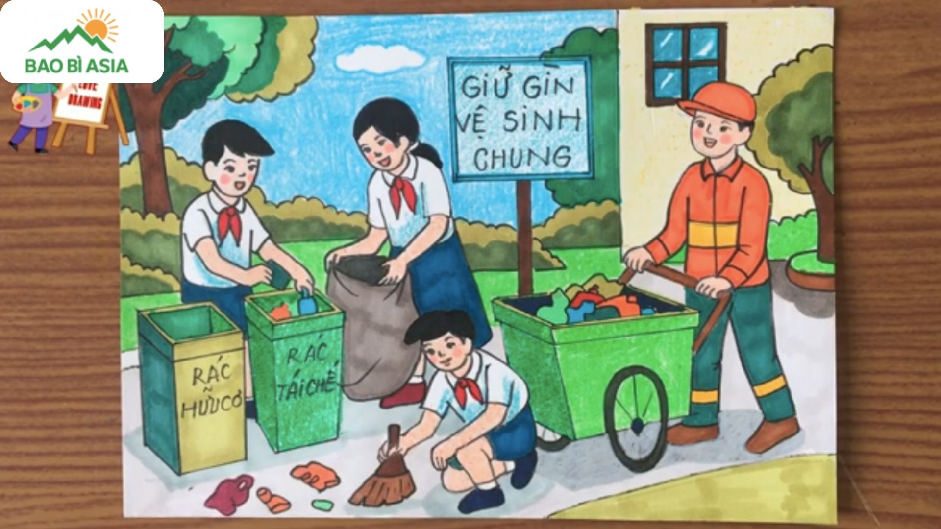 Ý tưởng vẽ hình ảnh chung tay dọn dẹp đường phố bảo vệ môi trường mẫu 1