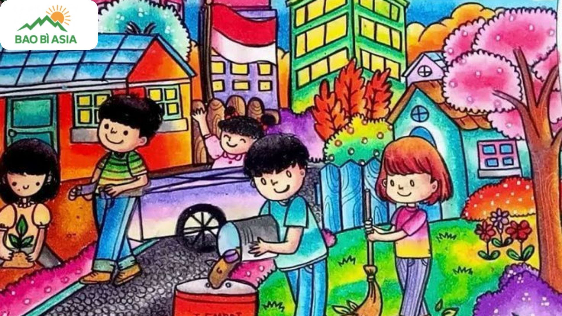 Ý tưởng vẽ hình ảnh chung tay dọn dẹp đường phố bảo vệ môi trường mẫu 4