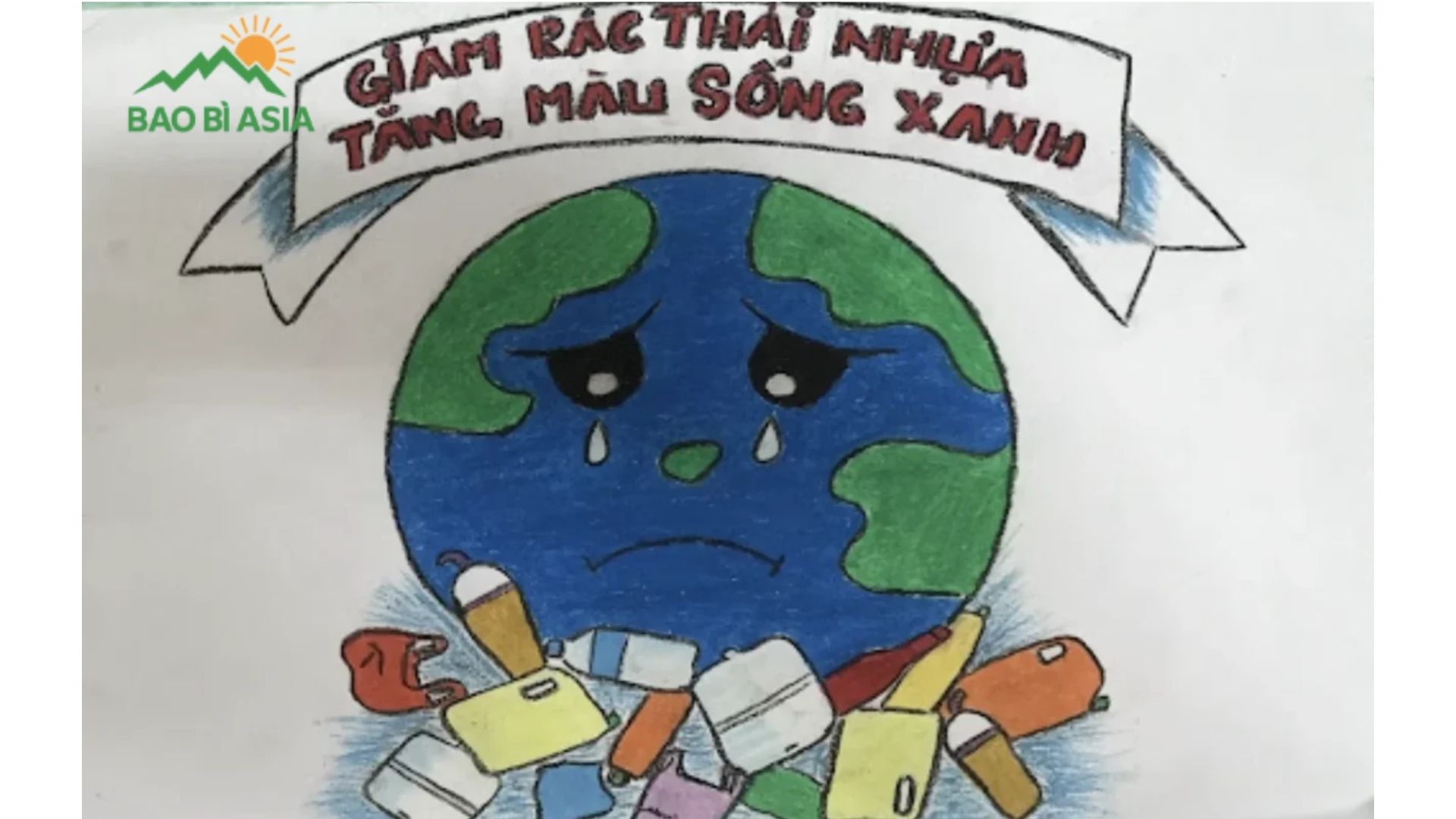 Vẽ tranh chủ đề giảm thải rác nhựa mẫu 1