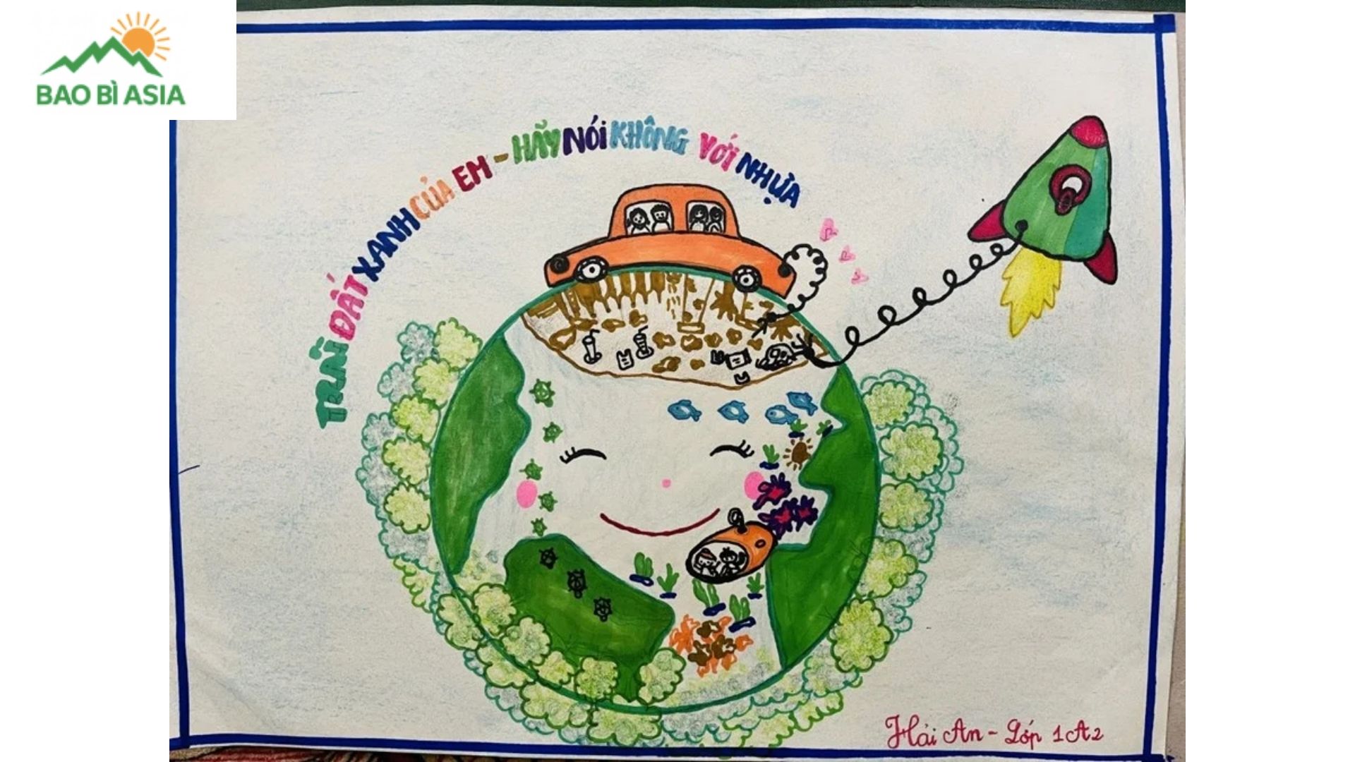 Vẽ tranh chủ đề giảm thải rác nhựa mẫu 4