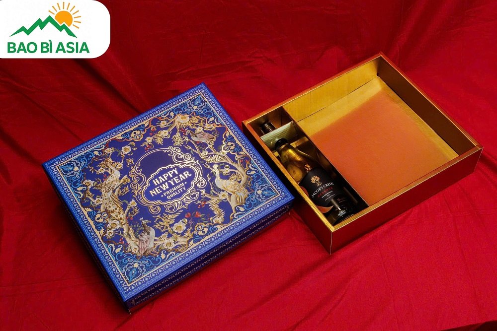 Hộp quà Tết lớn Khai Phúc Xanh 39x37x10cm giấy Ivory