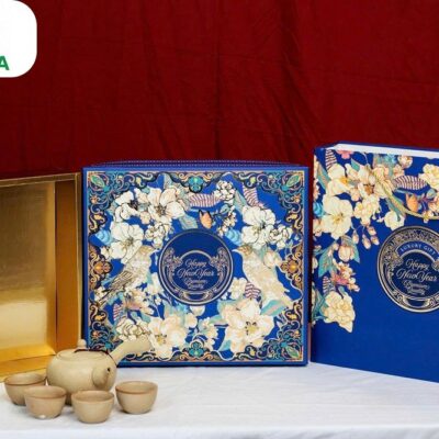 Hộp quà Tết lớn Niên Hoa Xanh 39x37x10cm giấy Ivory