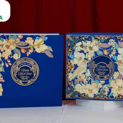 Hộp quà Tết lớn Niên Hoa Xanh 39x37x10cm giấy Ivory