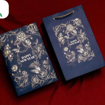 Hộp quà Tết trung Kim Vũ Xanh 23.5 x 36.5 x 11cm giấy Ivory