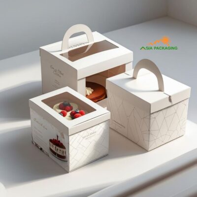 Hộp bánh kem có quai xách màu trắng