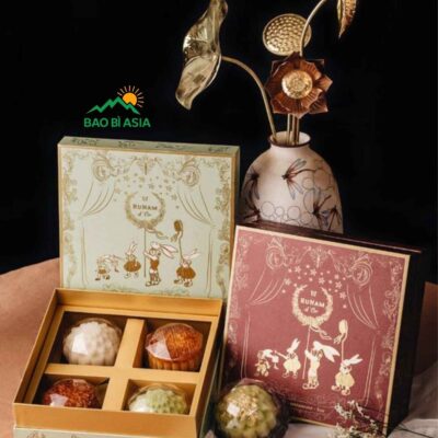 HBTT14 Hộp bánh trung thu Nguyệt Kim Thịnh Vượng 4 bánh 24x24x8cm