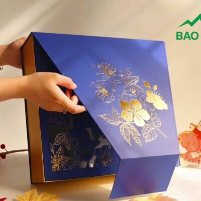 Hộp đựng yến mai vàng nền xanh 33x36x10cm giấy Couche bồi Carton