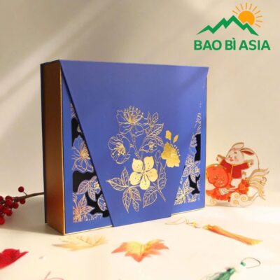 Hộp đựng yến mai vàng nền xanh 33x36x10cm giấy Couche bồi Carton