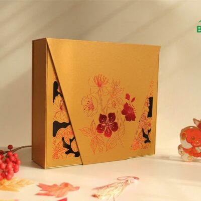 Hộp đựng yến mai đỏ nền vàng 33x36x10cm giấy Couche in 4 màu cán gân
