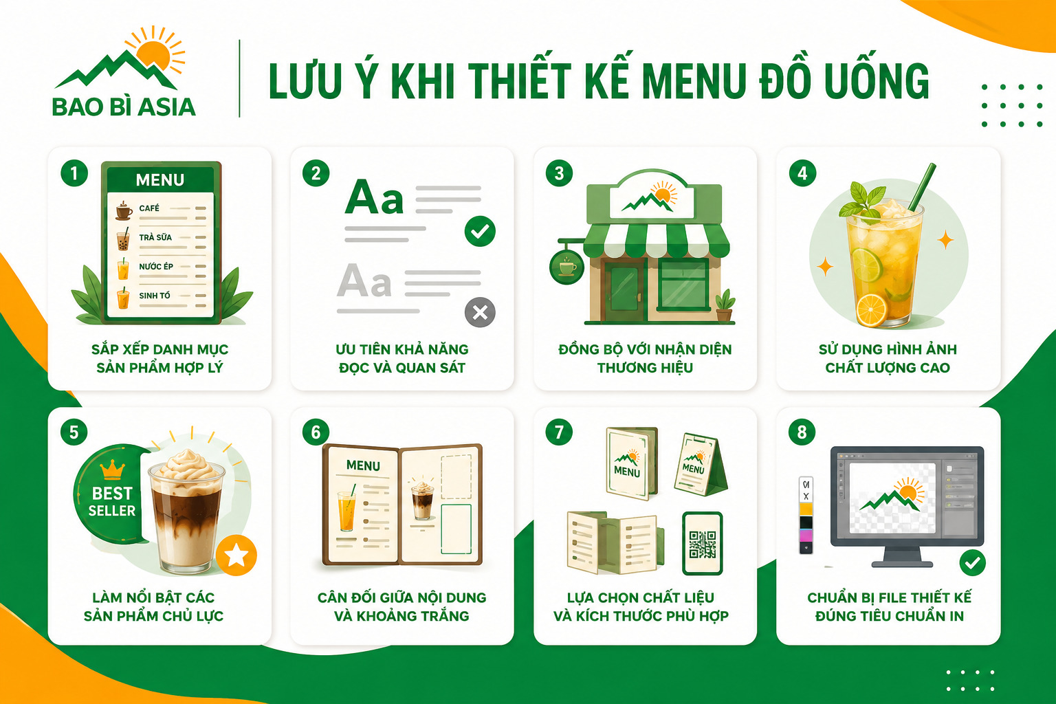 Infographic trực quan từ Bao Bì Asia tổng hợp các nguyên tắc vàng: từ sắp xếp danh mục hợp lý, ưu tiên font chữ dễ đọc, đồng bộ nhận diện thương hiệu, sử dụng hình ảnh chất lượng cao, làm nổi bật món bán chạy (best-seller) cho đến việc cân đối khoảng trắng và chuẩn bị file in đạt chuẩn.