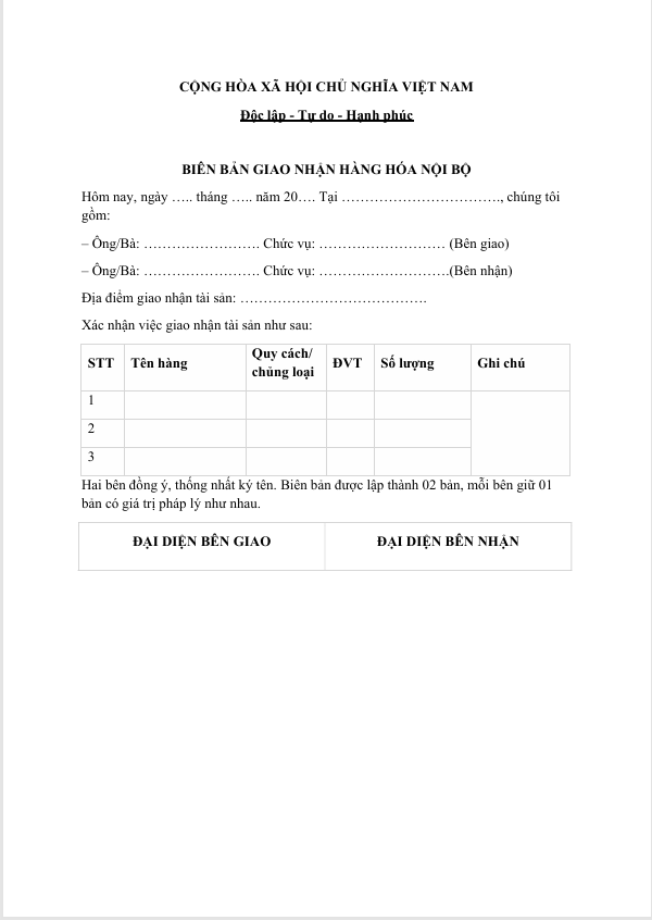 Mẫu phiếu giao hàng trong nội bộ