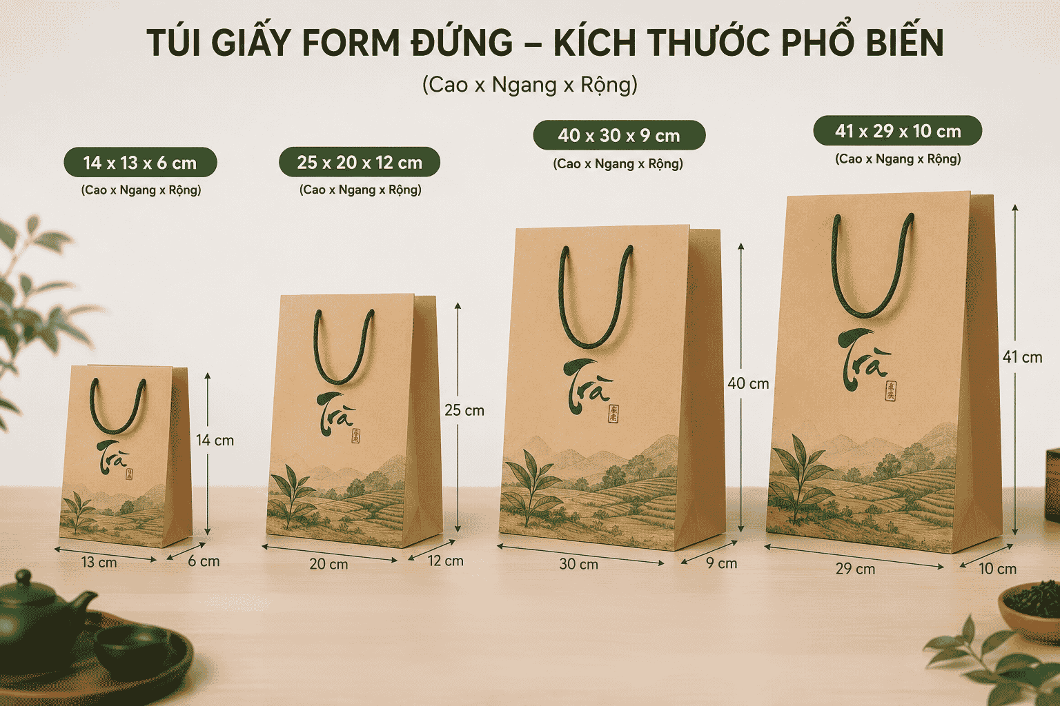Kích thước phổ biến của túi giấy đựng trà form đứng