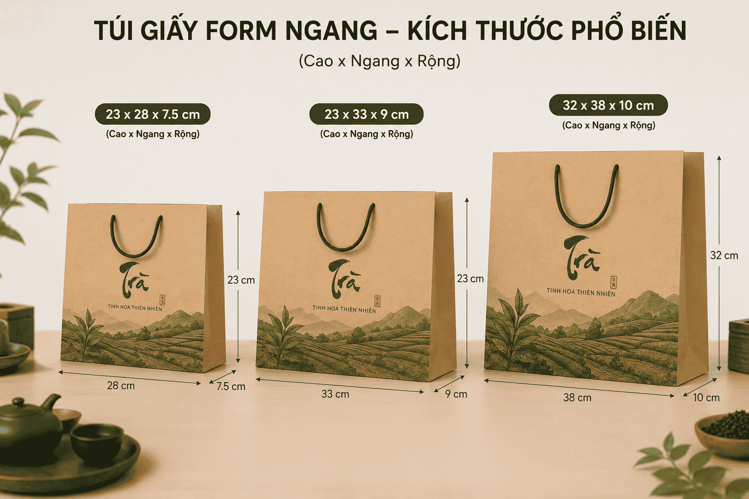 Kích thước phổ biến của túi giấy đựng trà form ngang