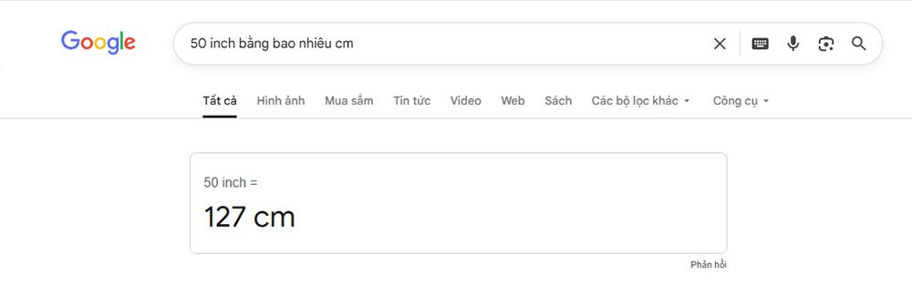 Quy đổi đơn vị inch trên Google