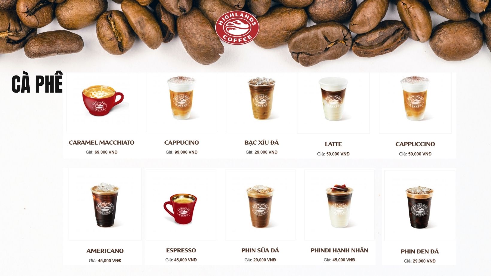 Menu cà phê Highland Coffee
