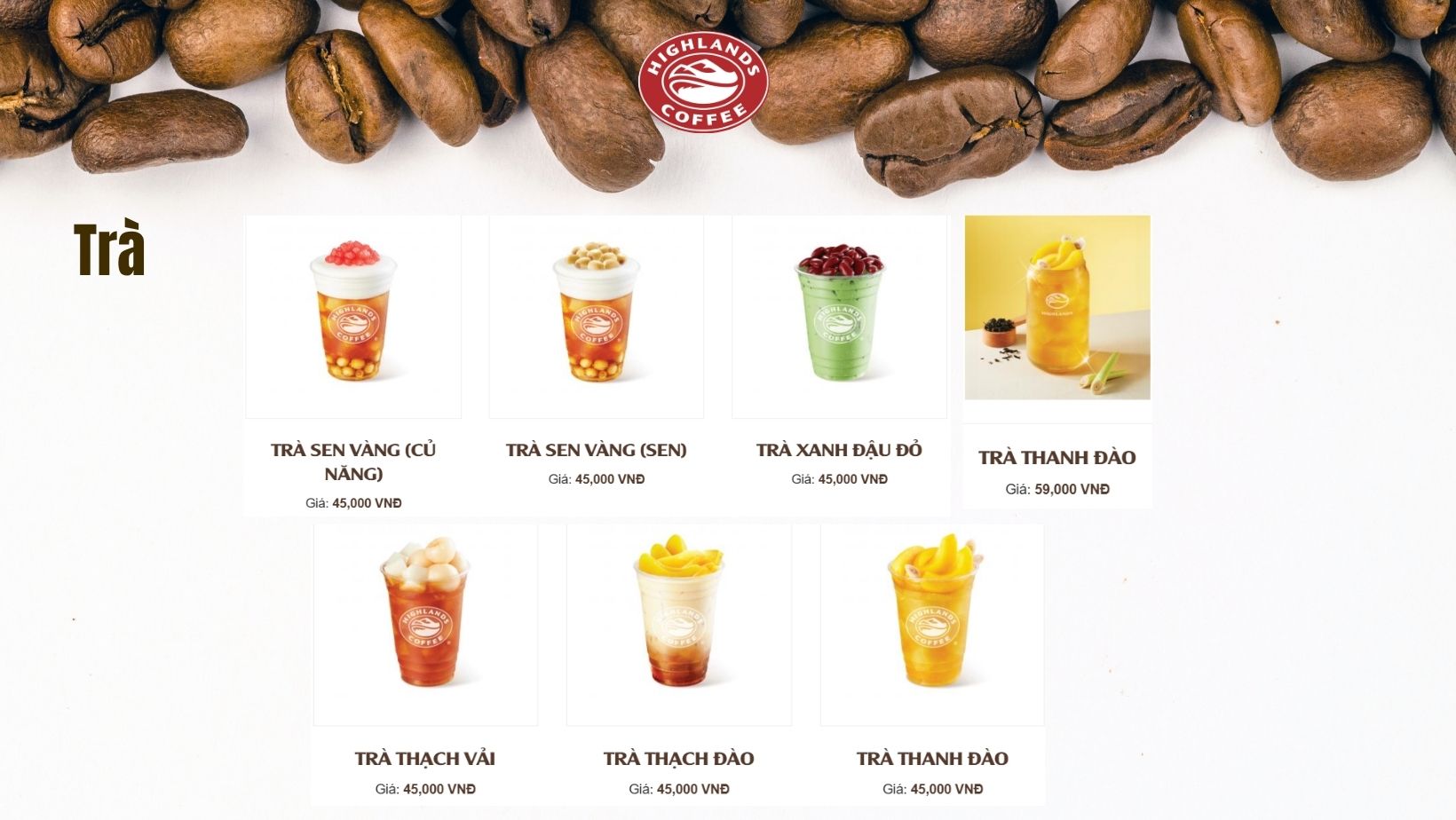 Menu trà Highland Coffee