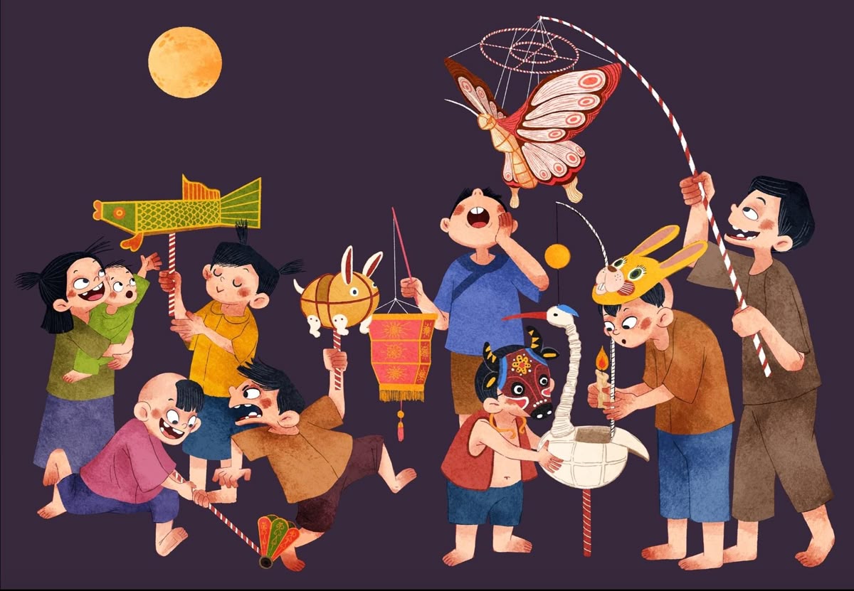 Trẻ em kéo nhau xem hội rước đèn