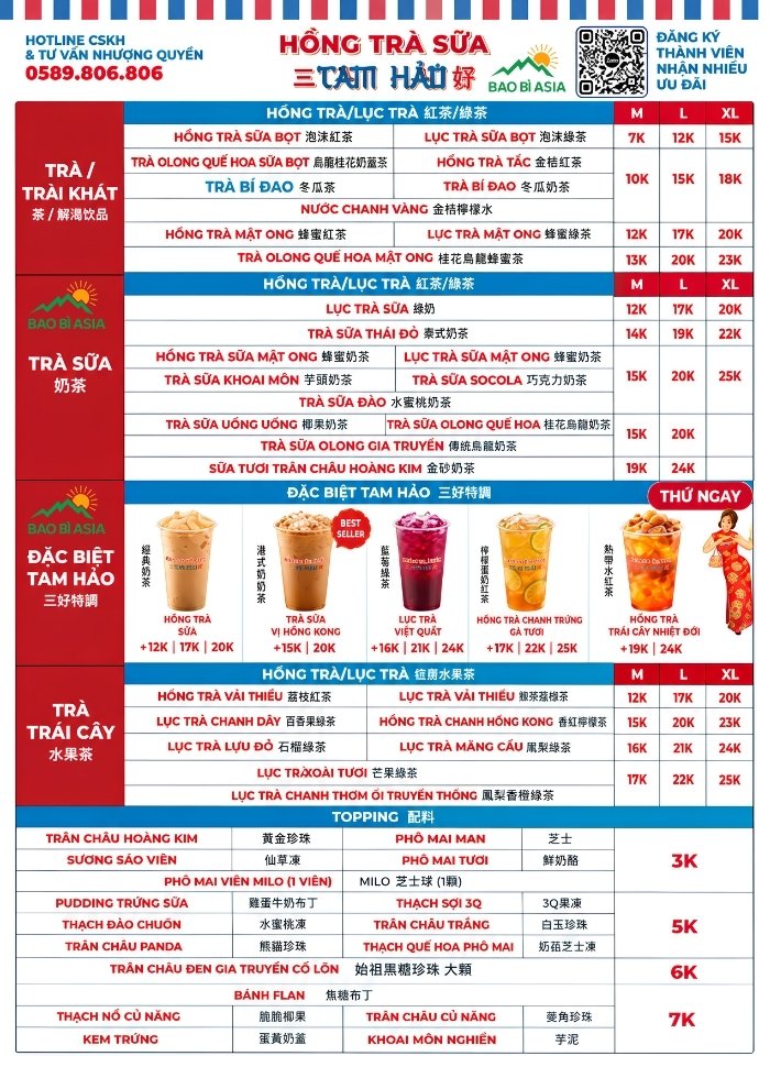 Menu Hồng trà Tam Hảo cập nhật mới nhất