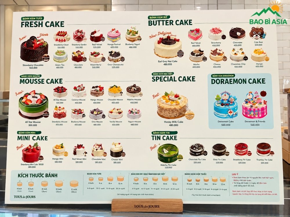 Menu bánh kem TOUS les JOURS